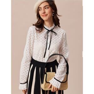 NWT Rihoas Mock Neck Cut Out Lace Blouse White Cotton Sz Large